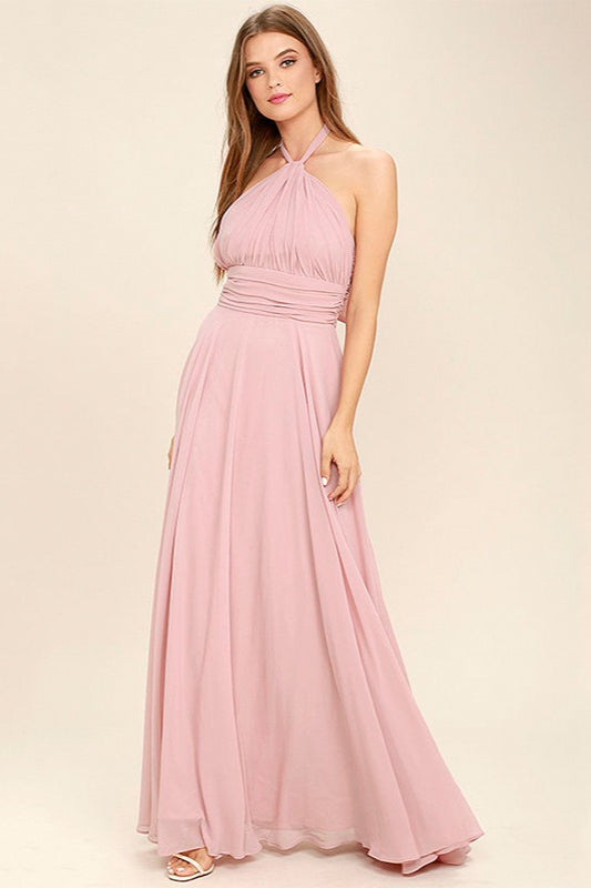 Vestido de noche formal de gasa fruncido con cuello halter