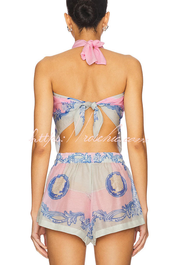 Amalfi Coast Satin Unique Print Scarf Top and Elastic Waist Pocket Loose Shorts Set