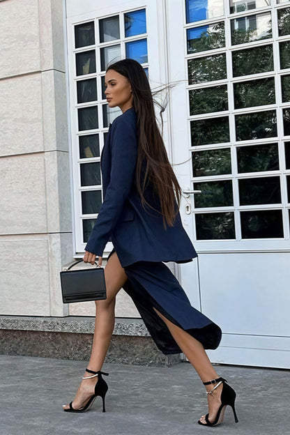 Conjunto de blazer de manga larga con solapa a rayas y falda con abertura