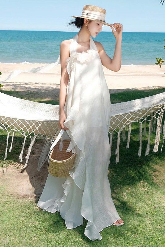 Vestido maxi halter elegante entallado con flores 3D