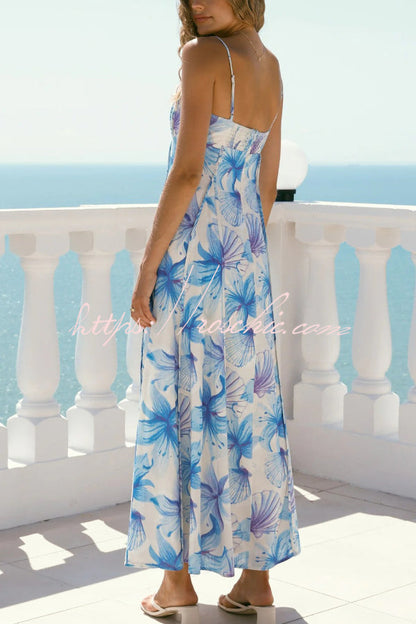 Floral Print Sleeveless Spaghetti Strap Pleated Back Vacation Maxi Dress