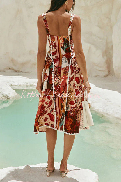 Unique Printed Floral Trim Suspender Side Tie Vacation Midi Dress