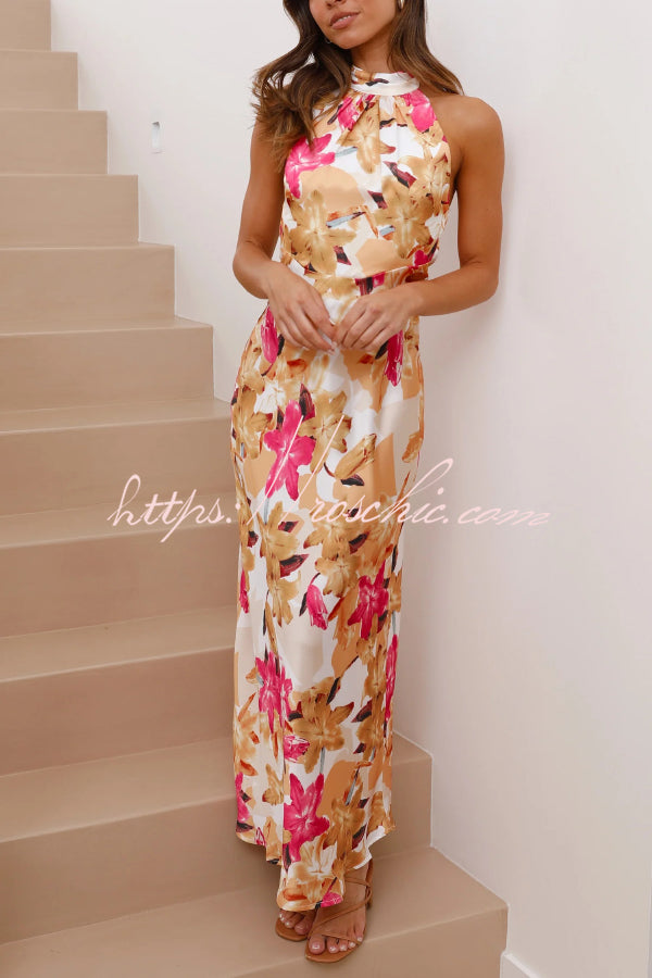 Floral Print Sleeveless Halter Neck Tie Holiday Maxi Dress