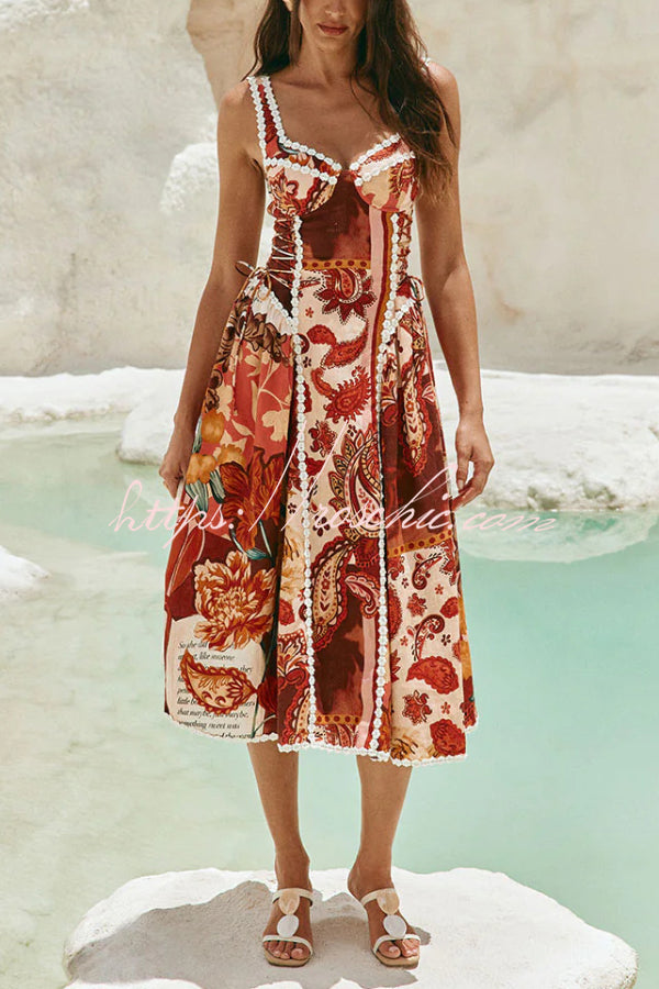 Unique Printed Floral Trim Suspender Side Tie Vacation Midi Dress
