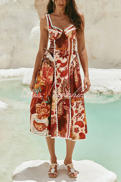 Unique Printed Floral Trim Suspender Side Tie Vacation Midi Dress