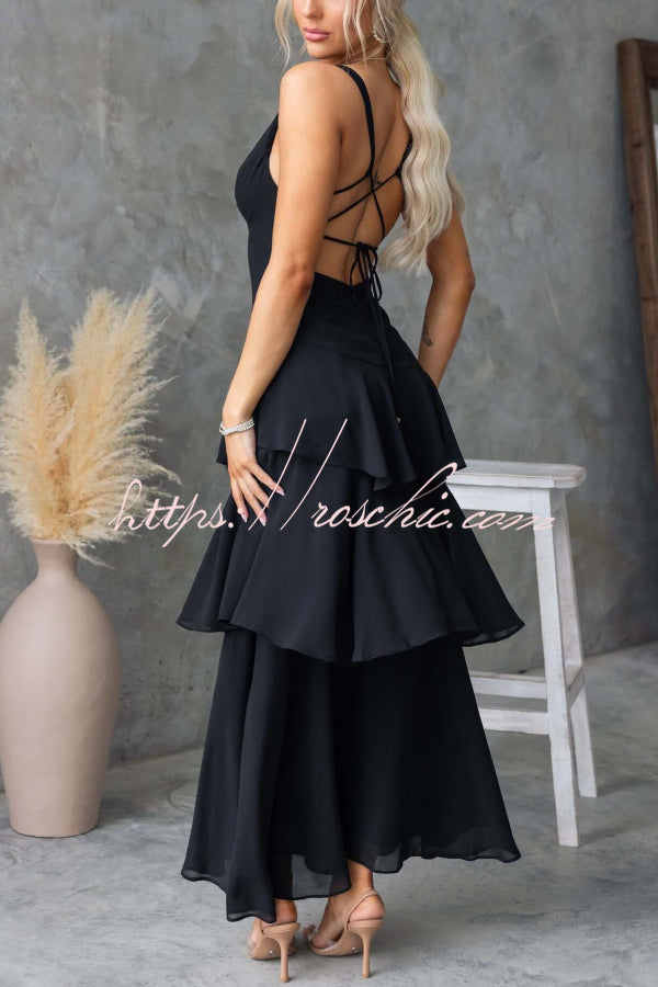 Solid Color V-neck Sleeveless Elegant Layered Maxi Dress