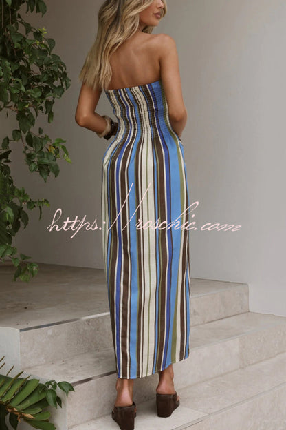 Color Striped Print Sleeveless Off-Shoulder Gathered Casual Maxi Dress