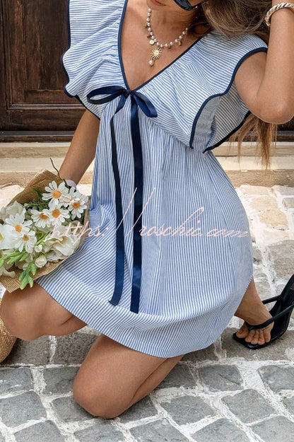 Striped Print Loose V-neck Tie Bow Casual Mini Dress