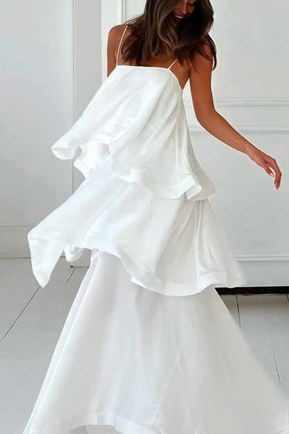 Vestido largo blanco fluido de tirantes con volantes
