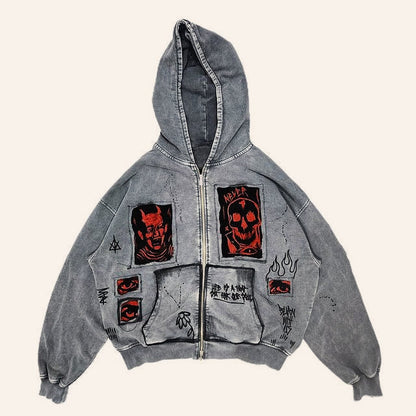 Heavy Washed Demon Print Hoodie