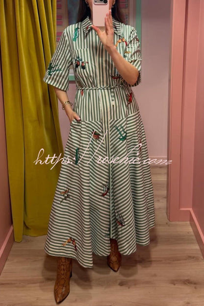 Linen Blend Striped Print Collared Short-sleeved Fitted Waist Belted Casual Maxi Dress