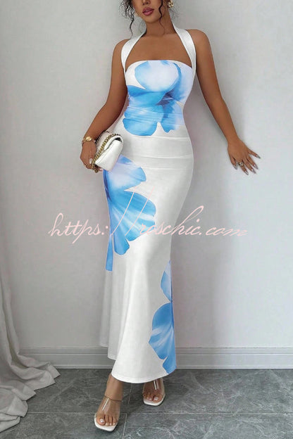 Floral Print Halter Neck Backless Slim-fit Maxi Dress