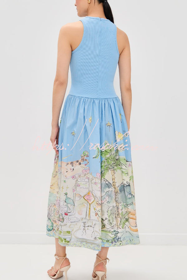 Ink Wash Print Round Neck Sleeveless Resort-style Midi Dress