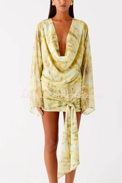 Tie-dye Print V-neck Long-sleeved Ribbon Vacation Mini Dress