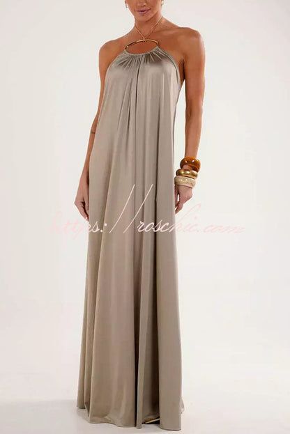 Ocean Goddess Metal Circular Chain Halter Backless Vacation A-line Maxi Dress