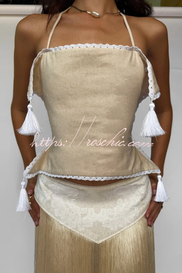 Stylish Halter Neck Lace Up Tassel Pendant Backless Top