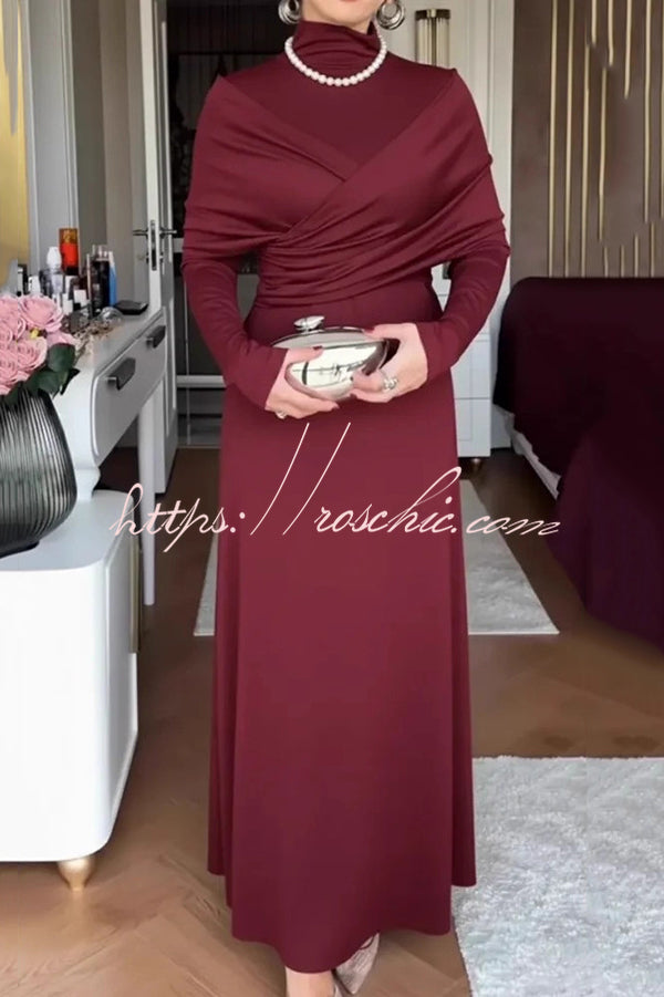 Solid Color High-neck Long-sleeved Crossover Waist Slim-fit Maxi Dress