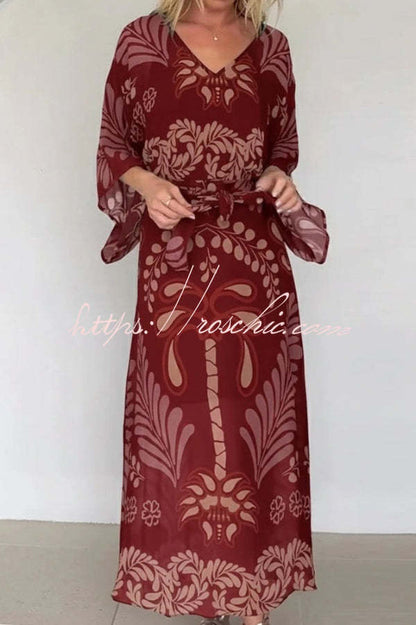 Bohemian Style Unique Printed Chiffon Loose-fitting Belted Maxi Dress