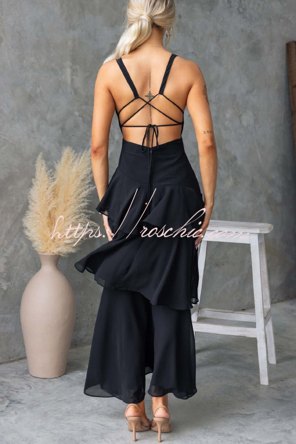 Solid Color V-neck Sleeveless Elegant Layered Maxi Dress