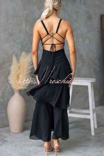 Solid Color V-neck Sleeveless Elegant Layered Maxi Dress