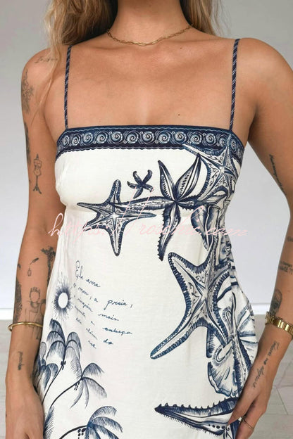 Starfish Print Sleeveless Square Neckline Back Tie-up Vacation Maxi Dress