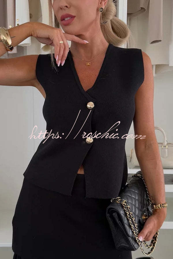 Stylish and Elegant Knit Gold Buttons V-neck Loose Vest