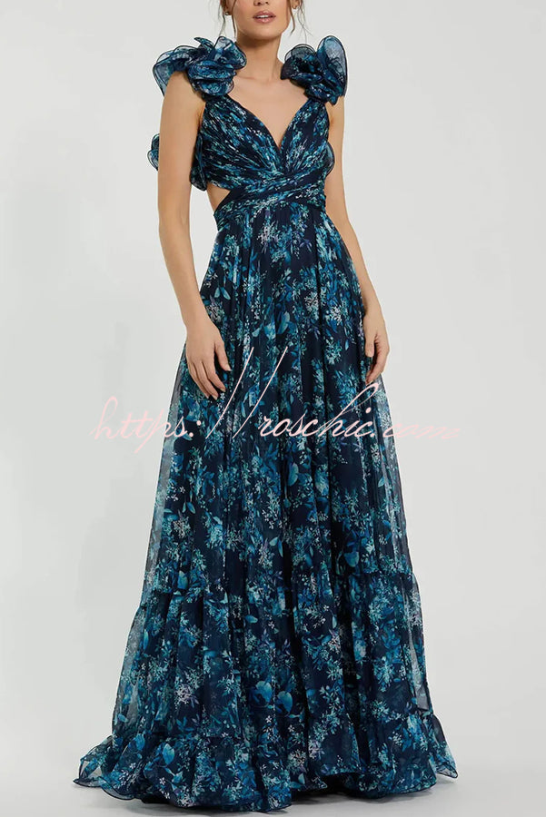 Delicate Garden Chiffon Floral Print Tiered Ruffle Cutout Back Lace-up Gown Maxi Dress