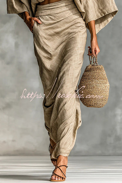 Linen Blend Batwing Sleeve Loose Top and Casual Pocket Maxi Skirt Set