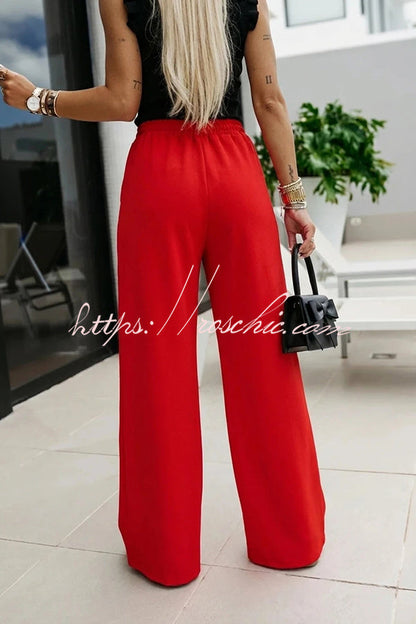 Mezcal High Rise Metal Buckle Elastic Waist Belt Slit Wide Leg Pants