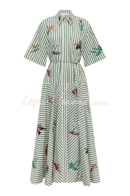 Linen Blend Striped Print Collared Short-sleeved Fitted Waist Belted Casual Maxi Dress