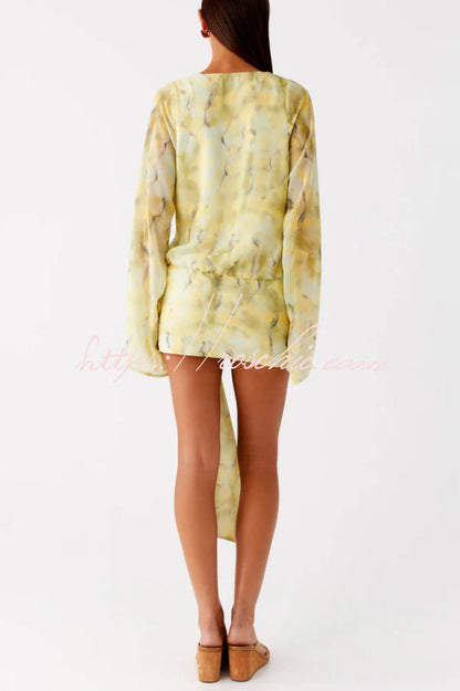 Tie-dye Print V-neck Long-sleeved Ribbon Vacation Mini Dress