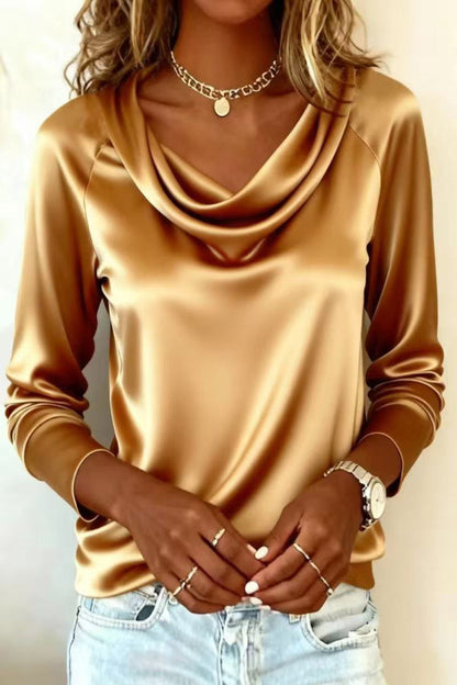 Solid Color Satin Casual Long-sleeved Draped Shirt