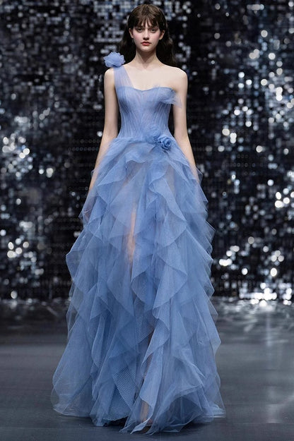 Vestido formal sin mangas con corsé azul
