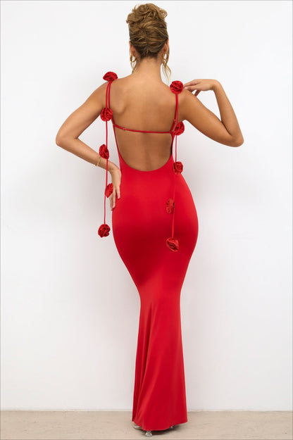Strappy 3D Floral Maxi Party Dress