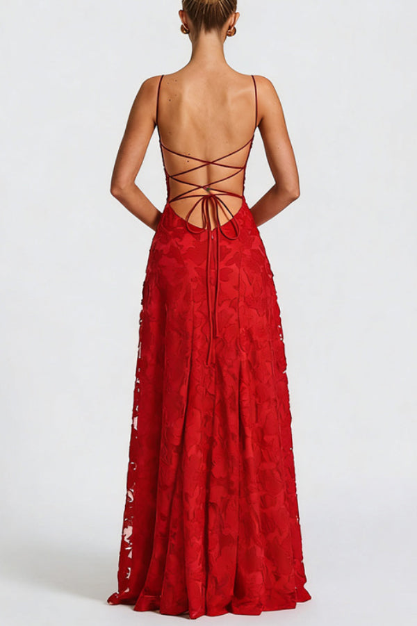 Francis Floral Burnout Jersey Fabric Cowl Neck Back Lace-up Maxi Dress