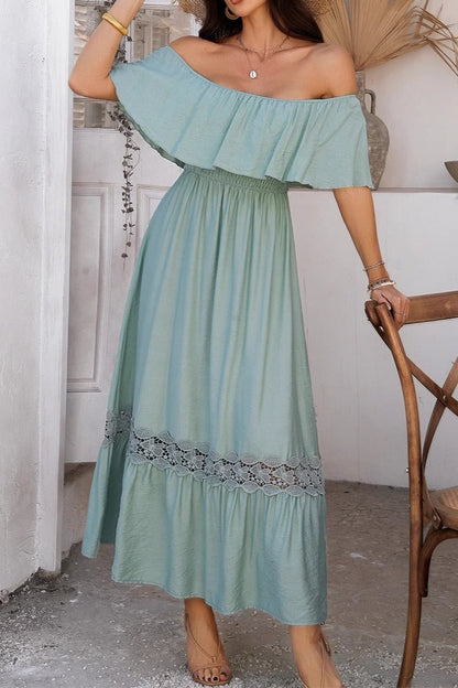Casual Off Shoulder Waist Cinched Boho Dress