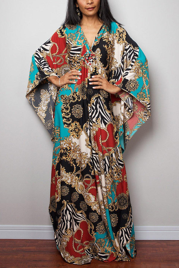 Unique Print Loose V-Neck Batwing Sleeve Casual Maxi Dress