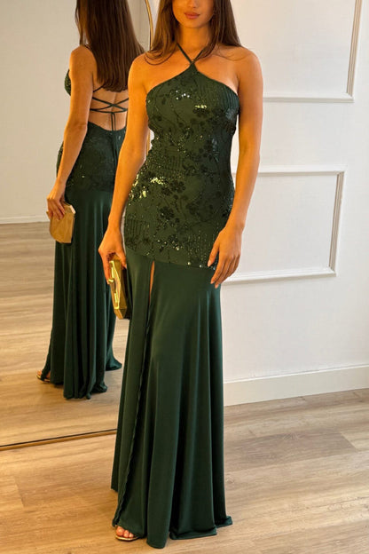 Fashionable Sequined Halter Neck Elegant Slim-fit Slit Maxi Dress