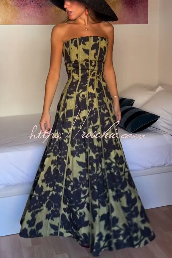 Elara Linen Blend Floral Print Princess Line Design Detachable Sleeves Maxi Dress