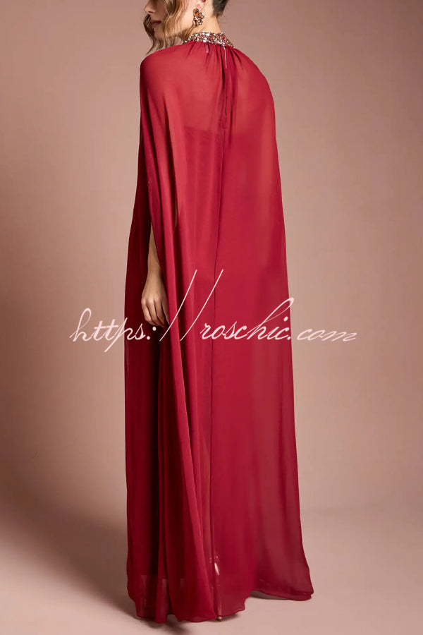My Dearest Chiffon Sequin Trim High Neck Batwing Cutout Sleeve Cape Maxi Dress