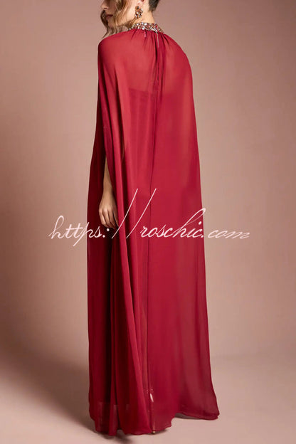 My Dearest Chiffon Sequin Trim High Neck Batwing Cutout Sleeve Cape Maxi Dress