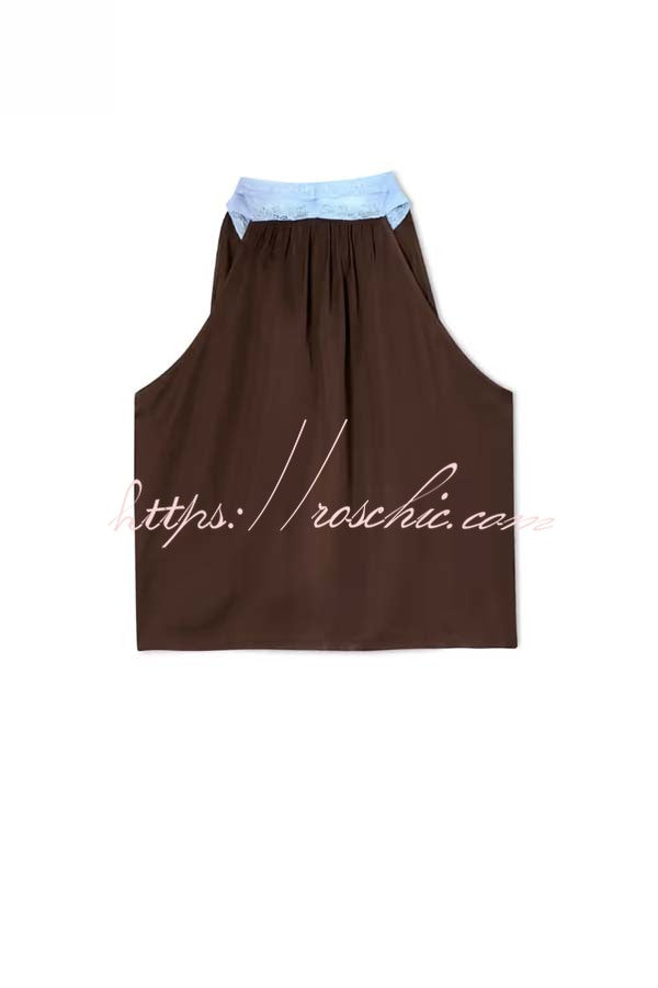 Sunday Social Contrast Color Satin Lace Trim Neck Strap Loose Tank (Shipped Within 24 Hours)
