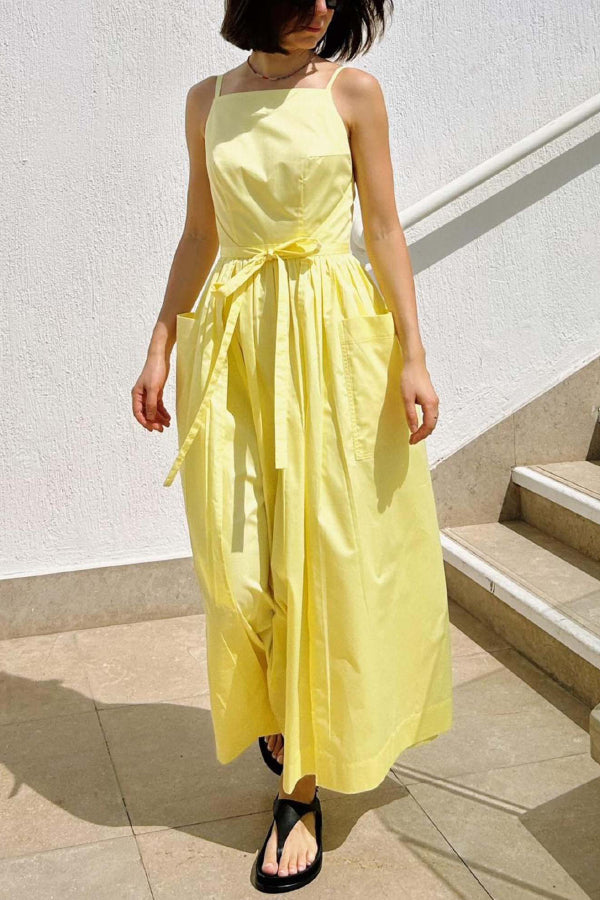 Solid Color Sleeveless Side Slit Tie-up Casual Vacation Pocket Maxi Dress