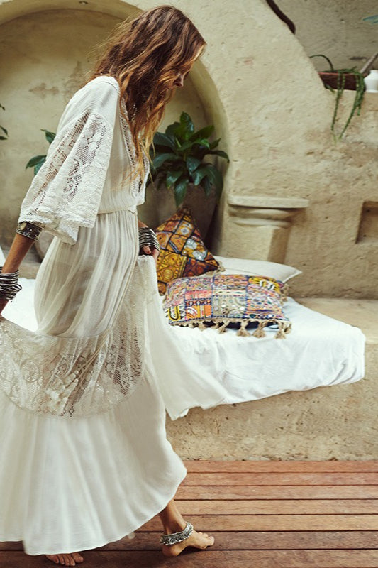 Rayon Lace Spliced Beach Cover-Up Loose Boho Dress