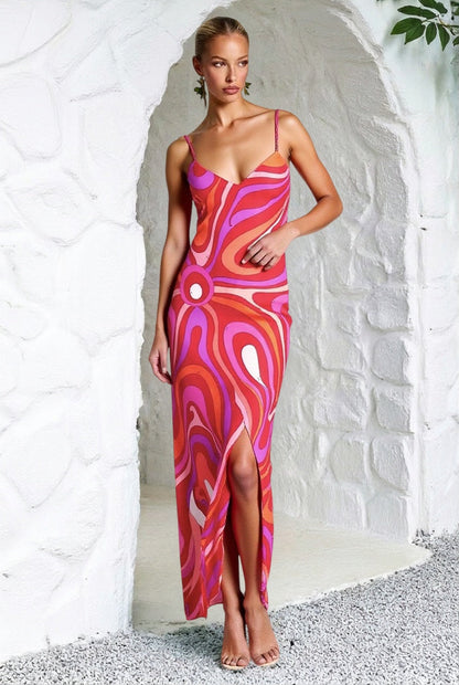 Printed Satin Cami Slit Silk Dress