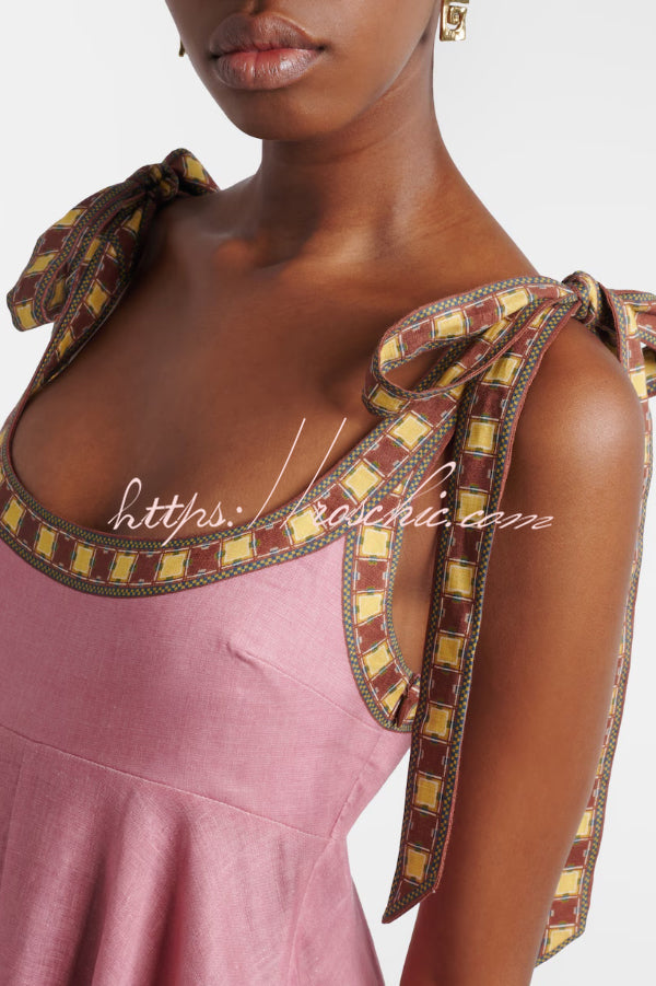 Linen Blend Unique Printed Tie-up Suspenders Pocket Elegant Vacation Maxi Dress
