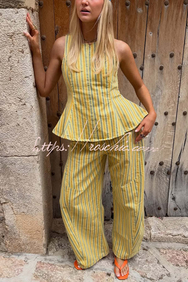 City Outfit Striped Peplum Hem Top and Elastic Waist Pocket Wide Leg Pants Set