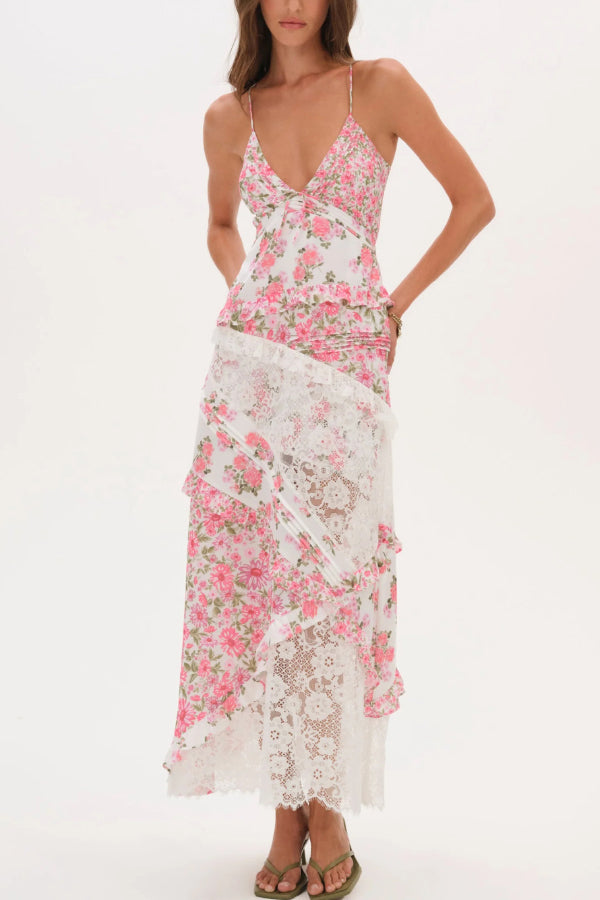 Fashionable Floral Print Lace Patchwork Hollow-out Slim Fit Vacation Ruffle Maxi Dress