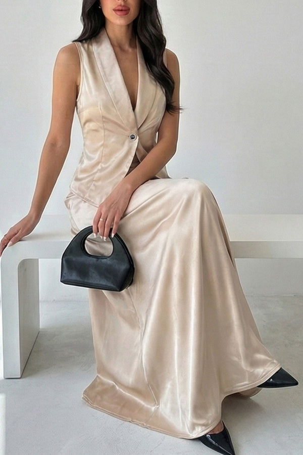 Satin Solid Color Sleeveless Button-down Vest and Elegant Draped Maxi Skirt Set
