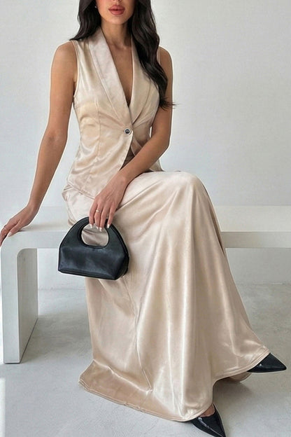 Satin Solid Color Sleeveless Button-down Vest and Elegant Draped Maxi Skirt Set